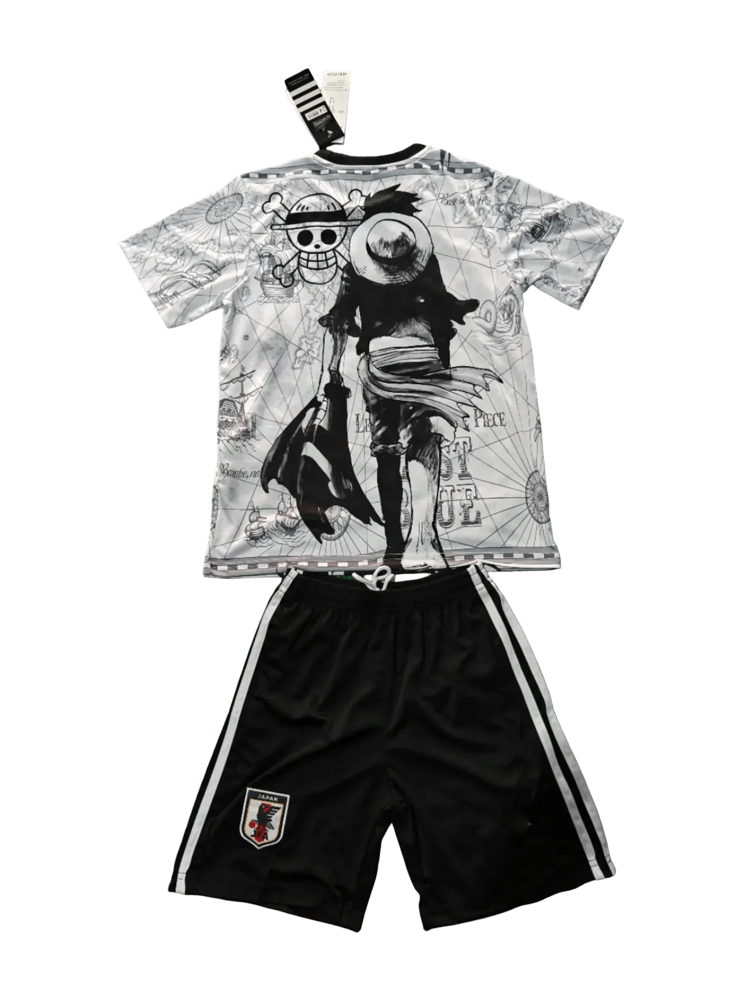 Youth football kit with black and white Luffy artwork