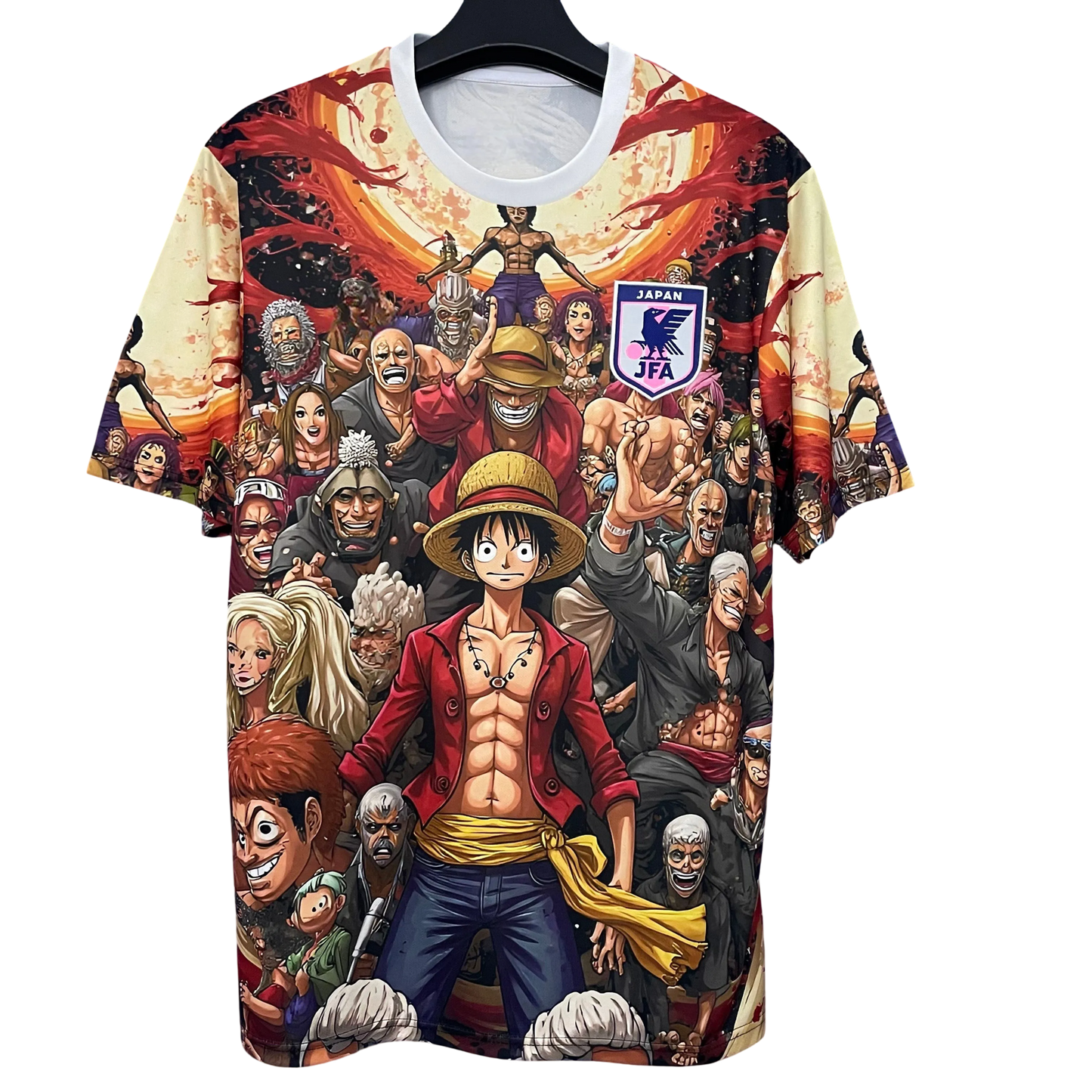 Japan Luffy Pirate Crew Jersey front view – One Piece anime football shirt by Nipponkits in multicolor red and beige design