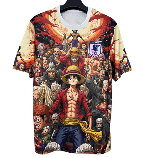 Japan Luffy Pirate Crew Jersey front view – One Piece anime football shirt by Nipponkits in multicolor red and beige design