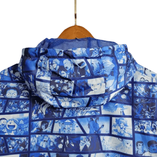 Blue windbreaker manga jacket japan panel hoodie design
