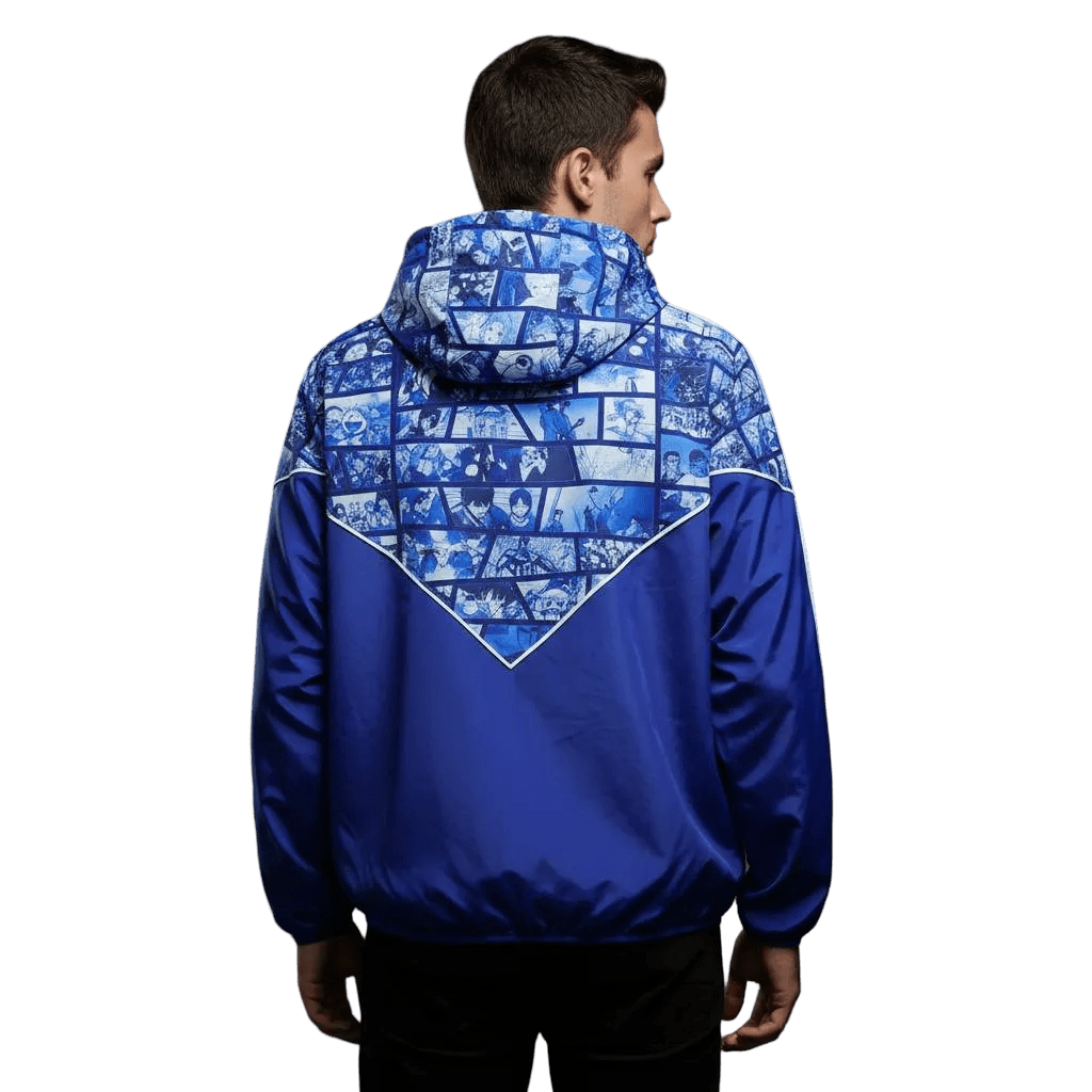 Manga panel windbreaker jacket japan blue white sequential art
