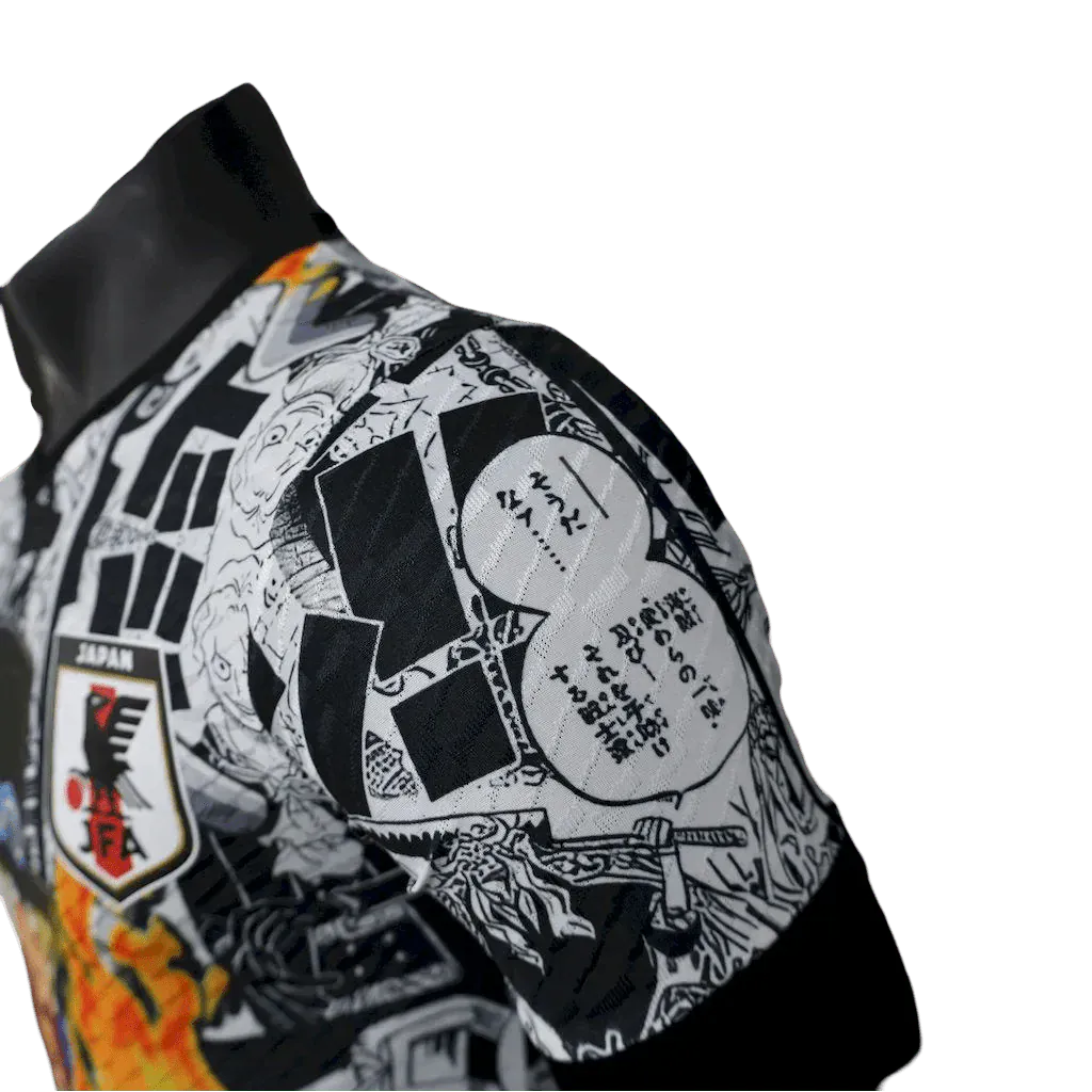 Manga explosion jersey with Portgas D Ace centerpiece and black white story panels background