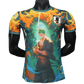 Zoro Green Aura Jersey with supernatural energy swirls and orange flame effects surrounding the swordsman