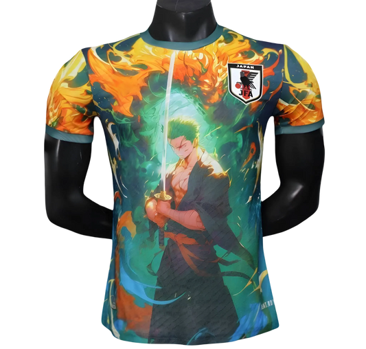 Zoro Green Aura Jersey with supernatural energy swirls and orange flame effects surrounding the swordsman