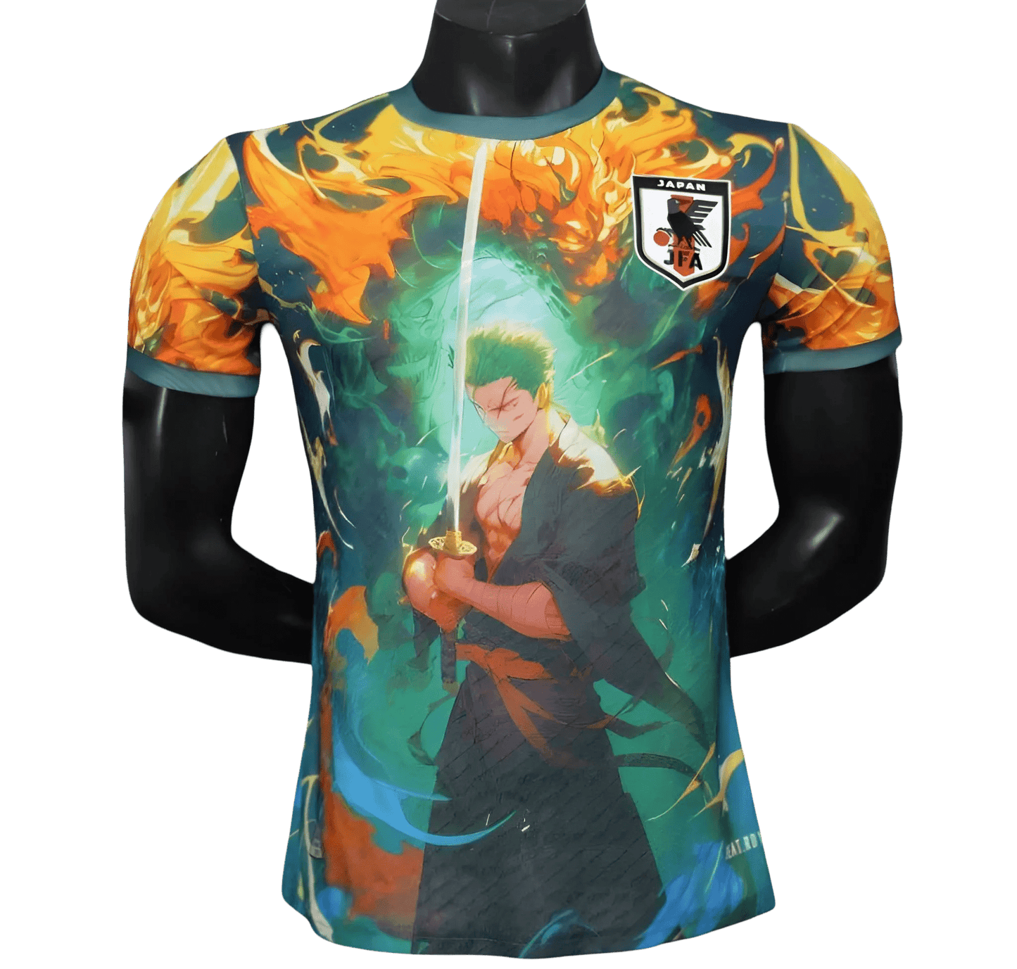 Zoro Green Aura Jersey with supernatural energy swirls and orange flame effects surrounding the swordsman