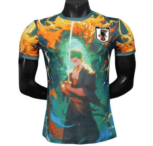 Zoro Green Aura Jersey with supernatural energy swirls and orange flame effects surrounding the swordsman