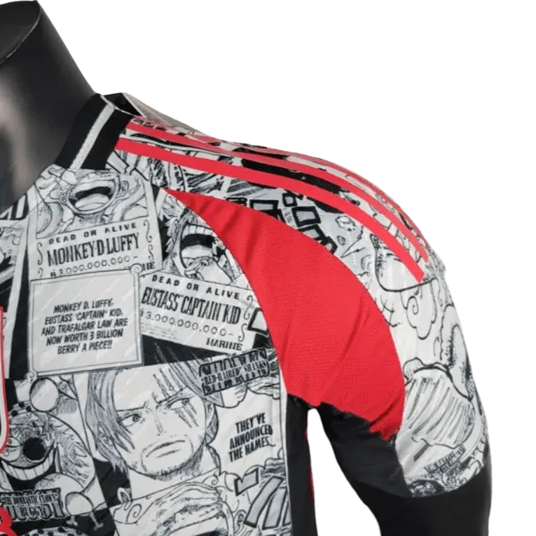 Japan Y3 style Luffy Gear 5 jersey with premium manga panel design and official badge