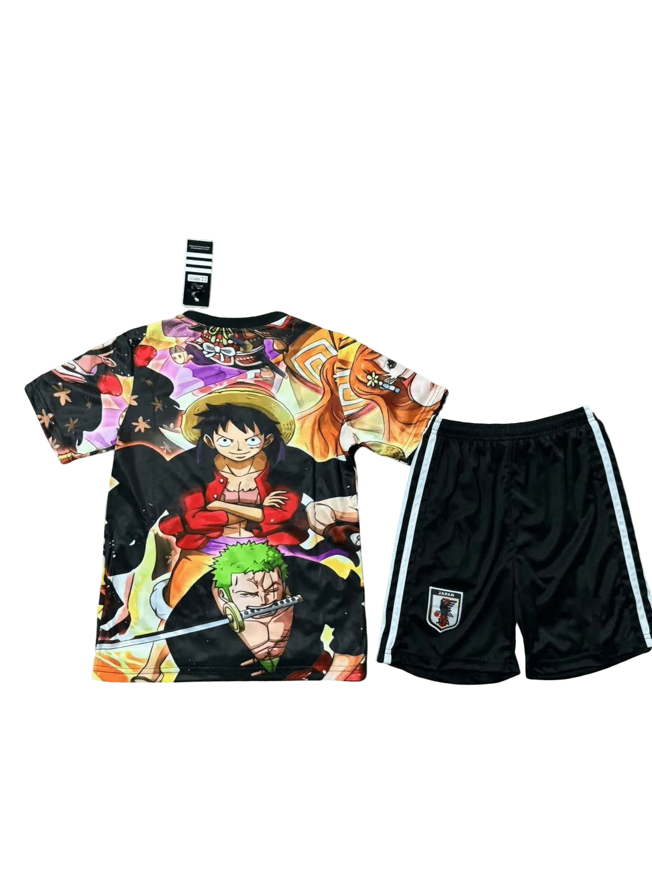 Kids soccer kit with One Piece Crew print and Japan badge