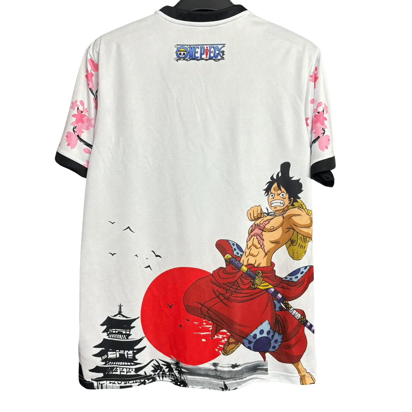 Japan one piece anime soccer jersey luffy pagoda red sun back view

