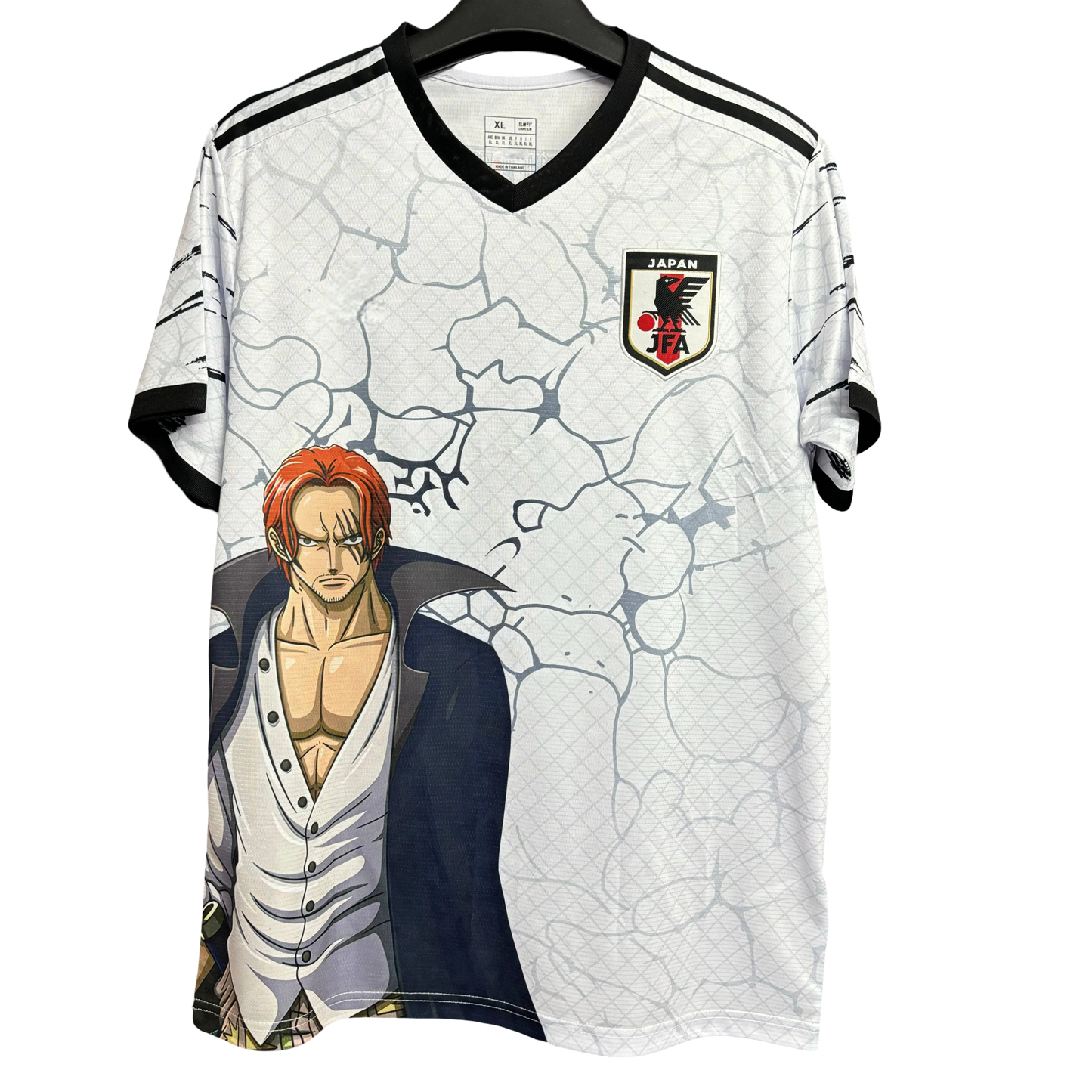 Japan one piece anime soccer jersey shanks navy coat white shirt front v-neck
