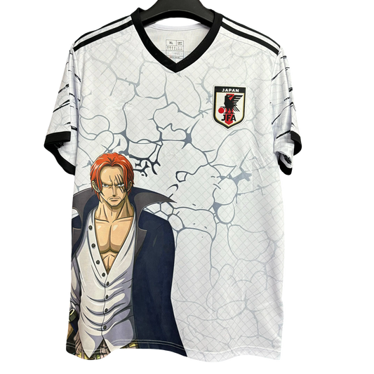 Japan one piece anime soccer jersey shanks navy coat white shirt front v-neck
