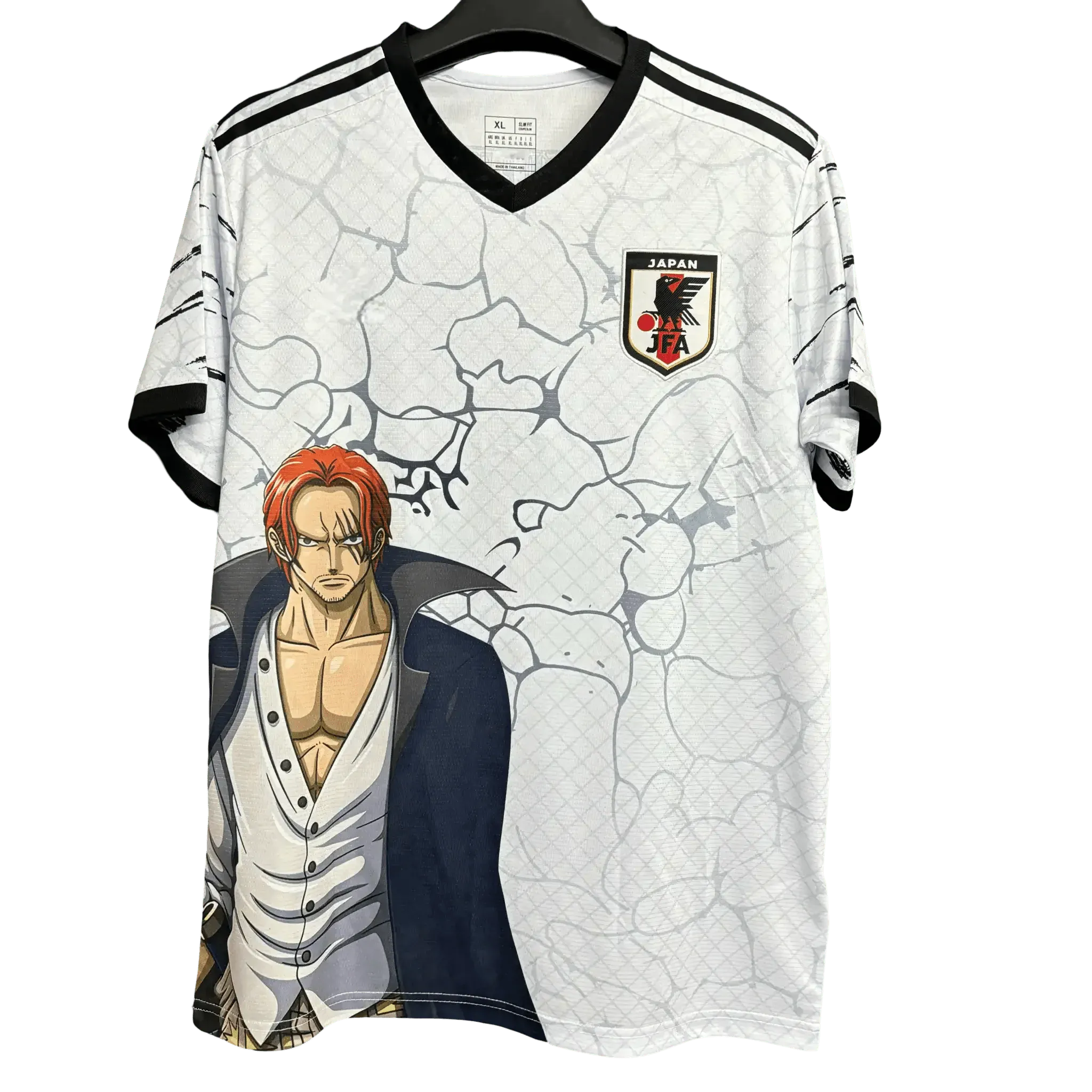 Japan one piece anime soccer jersey shanks navy coat white shirt front v-neck
