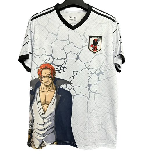 Japan one piece anime soccer jersey shanks navy coat white shirt front v-neck
