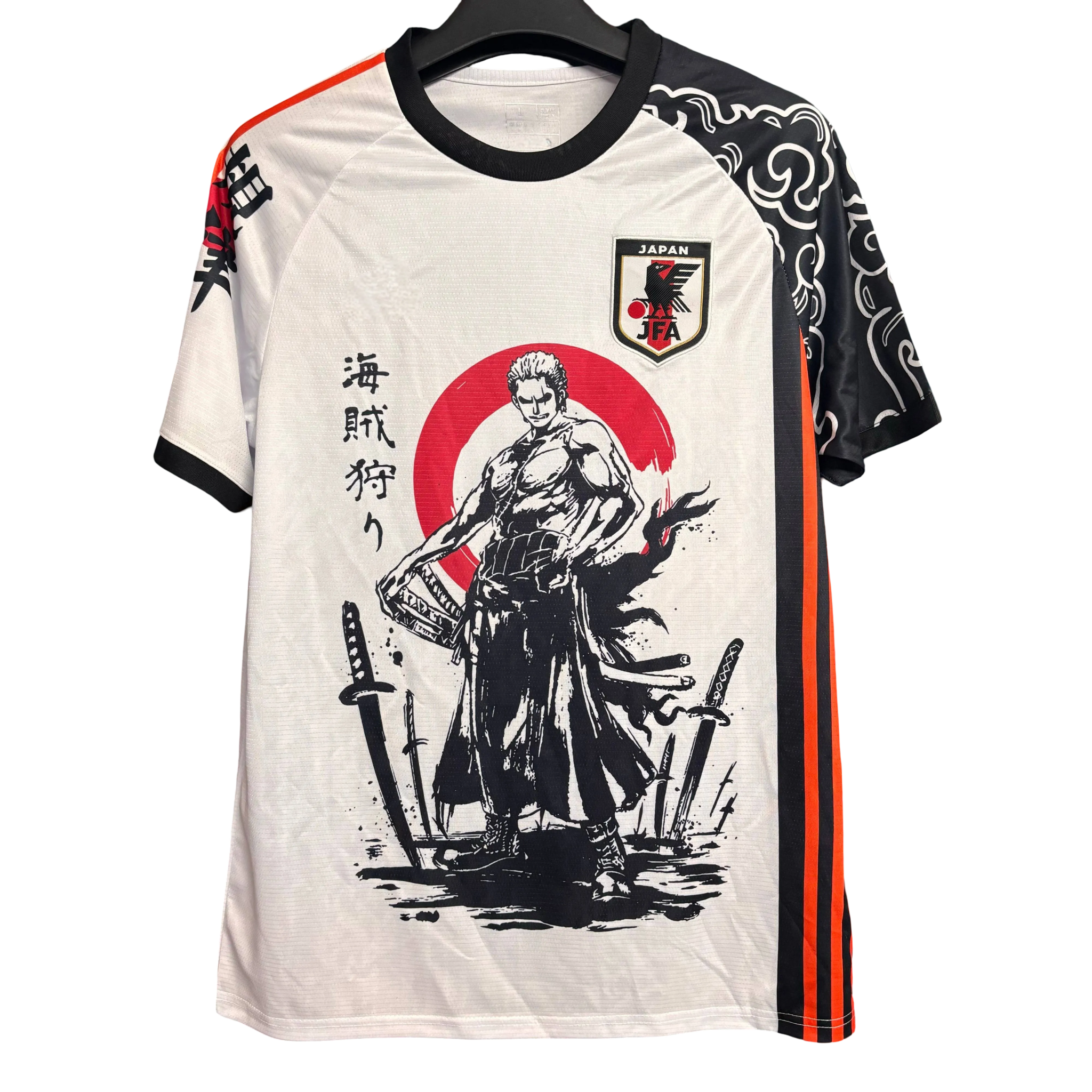 Japan one piece zoro pirate hunter football jersey three swords red sun front
