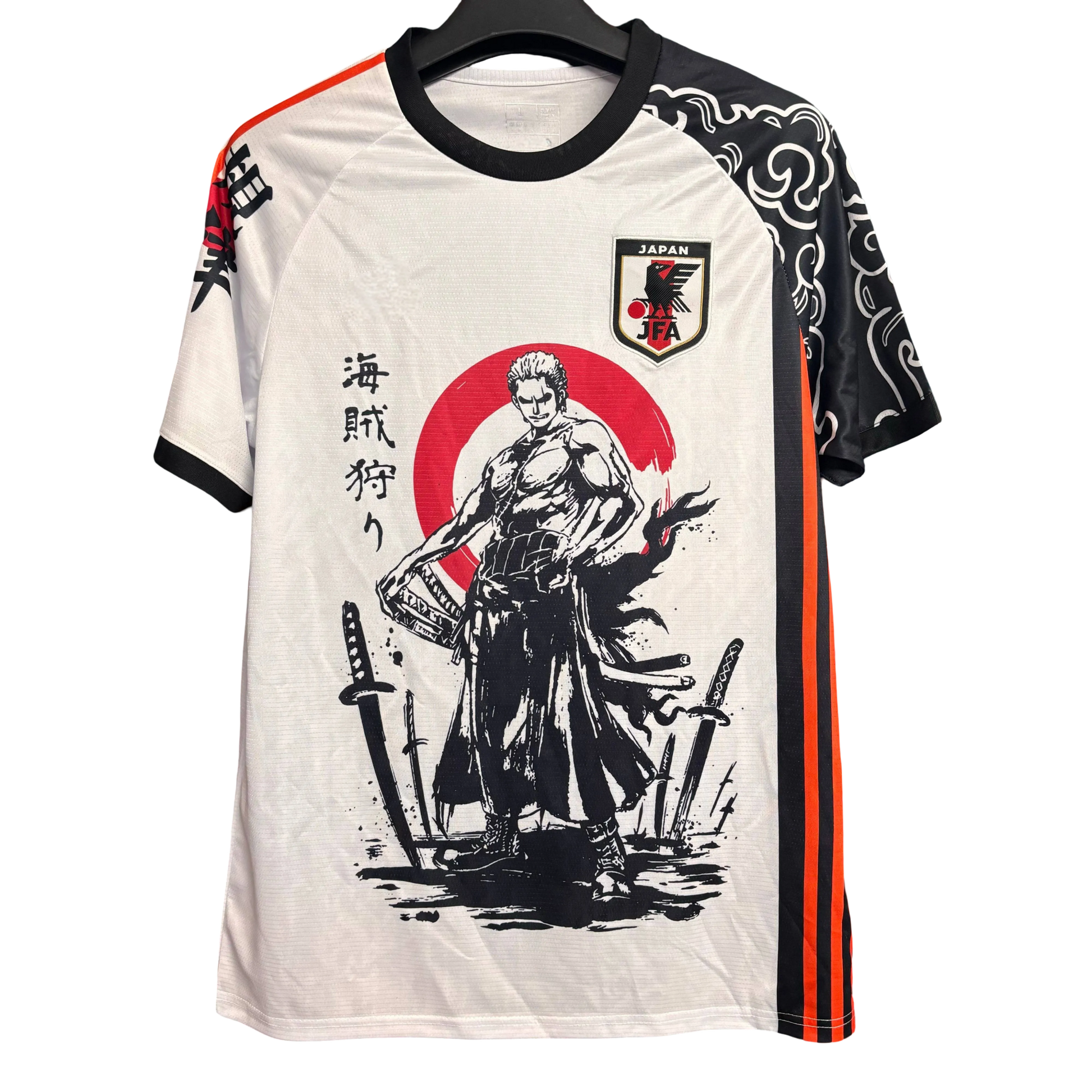 Japan one piece zoro pirate hunter football jersey three swords red sun front
