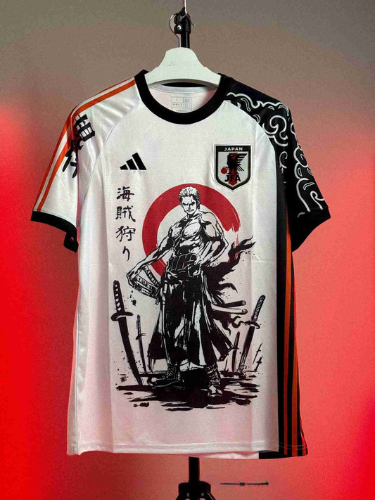 Japan one piece zoro pirate hunter football jersey three swords red sun front
