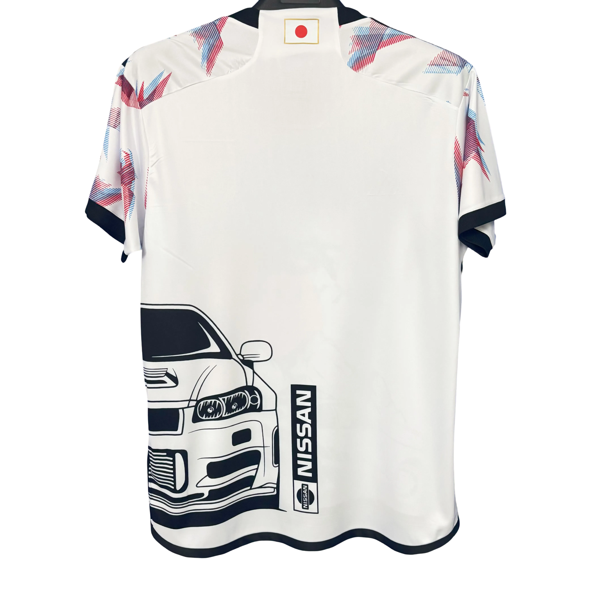 Japan football shirt featuring Nissan GT-R R34 Skyline and red sun design