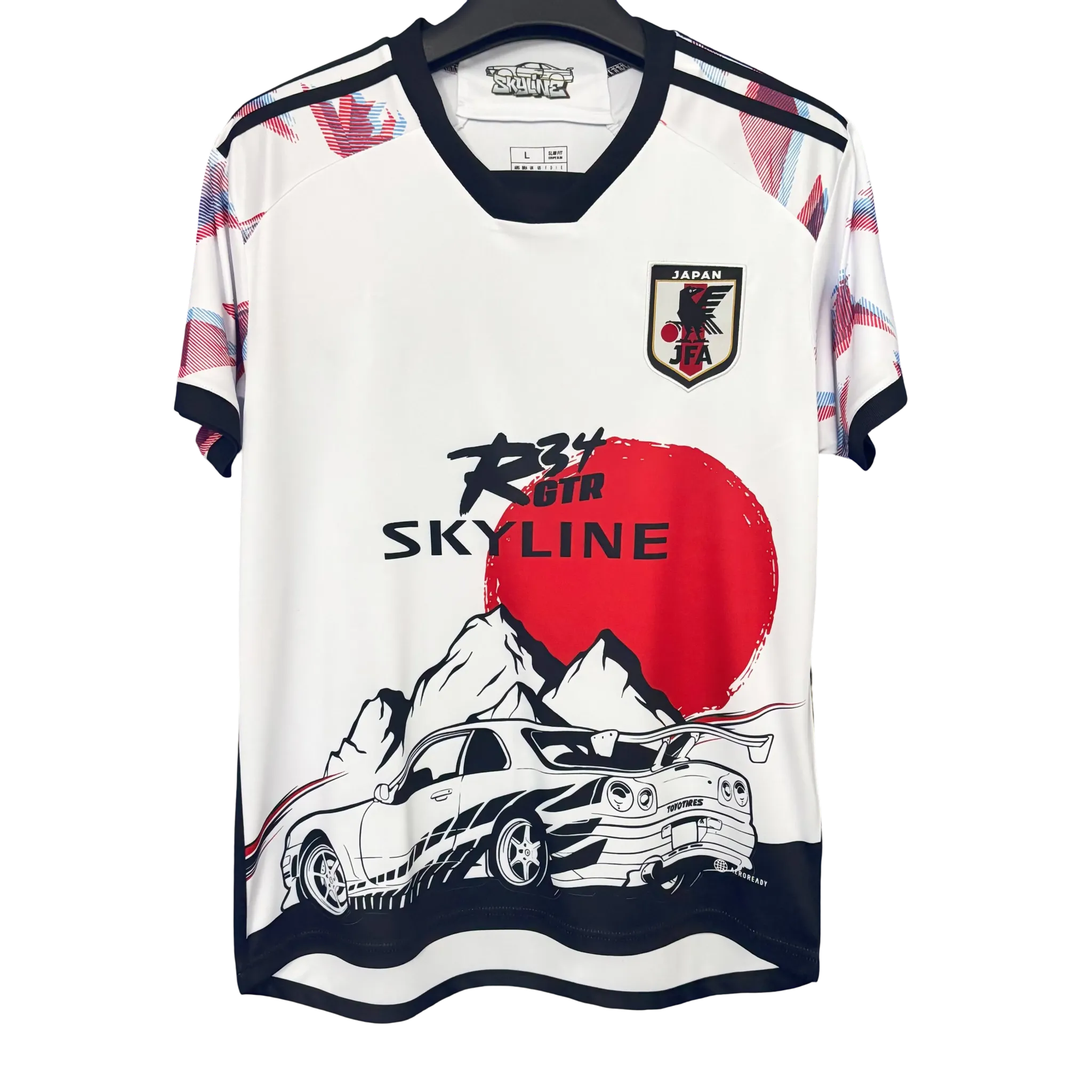 japan r34 skyline white jdm football jersey rising sun car artwork NipponKits
