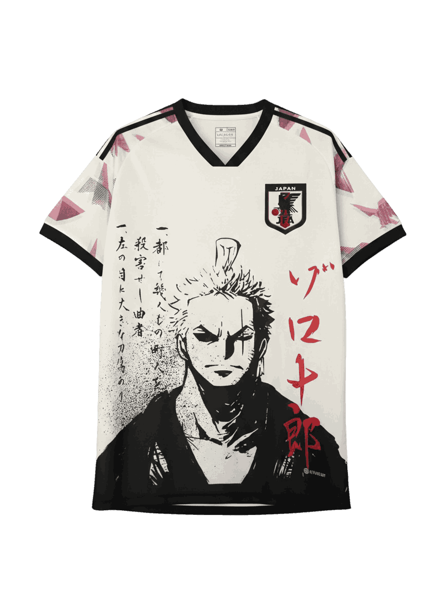 Roronoa Zoro Jersey with minimalist black white artwork and red Japanese katakana calligraphy
