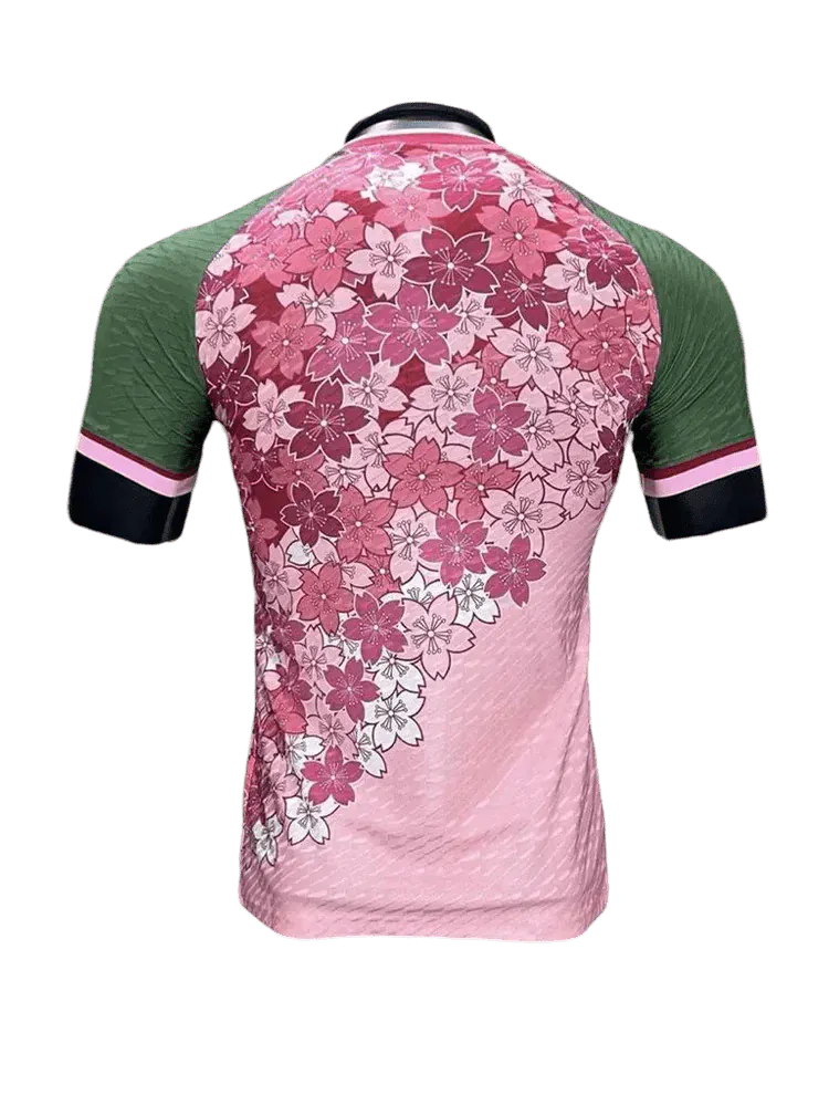 Japan pink kit showing feminine colorway with traditional sakura flowers and unisex supporter construction quality