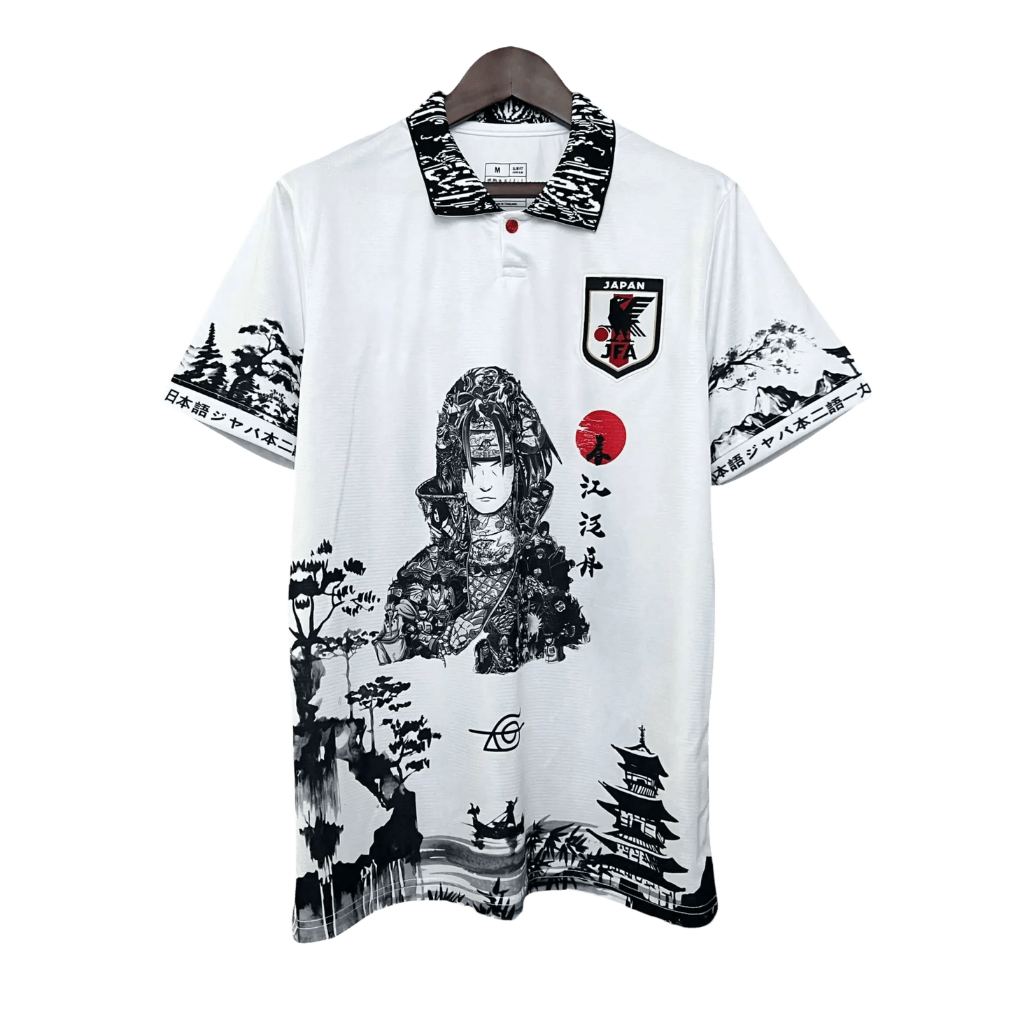 Sasuke Portrait White Jersey with traditional Japanese calligraphy and Uchiha clan artwork by NipponKits Store