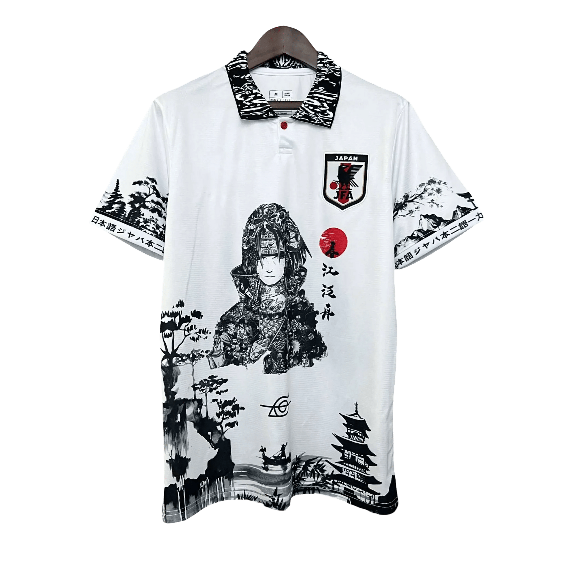 Sasuke Portrait White Jersey with traditional Japanese calligraphy and Uchiha clan artwork by NipponKits Store