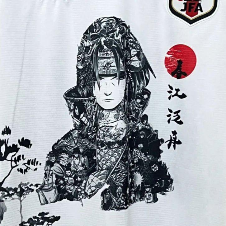Uchiha Sasuke jersey with traditional portrait art, cherry blossoms, and temple architecture details