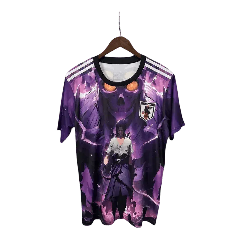 Premium Uchiha jersey featuring Susanoo energy effects with violet chakra manifestation and athletic construction