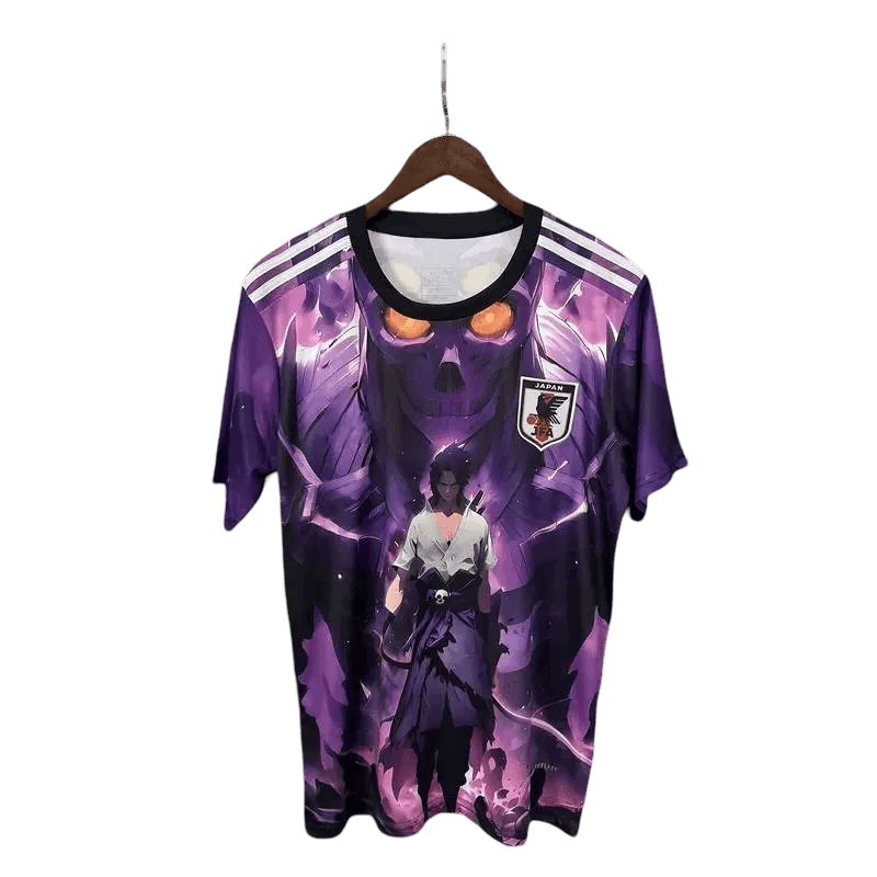 Premium Uchiha jersey featuring Susanoo energy effects with violet chakra manifestation and athletic construction