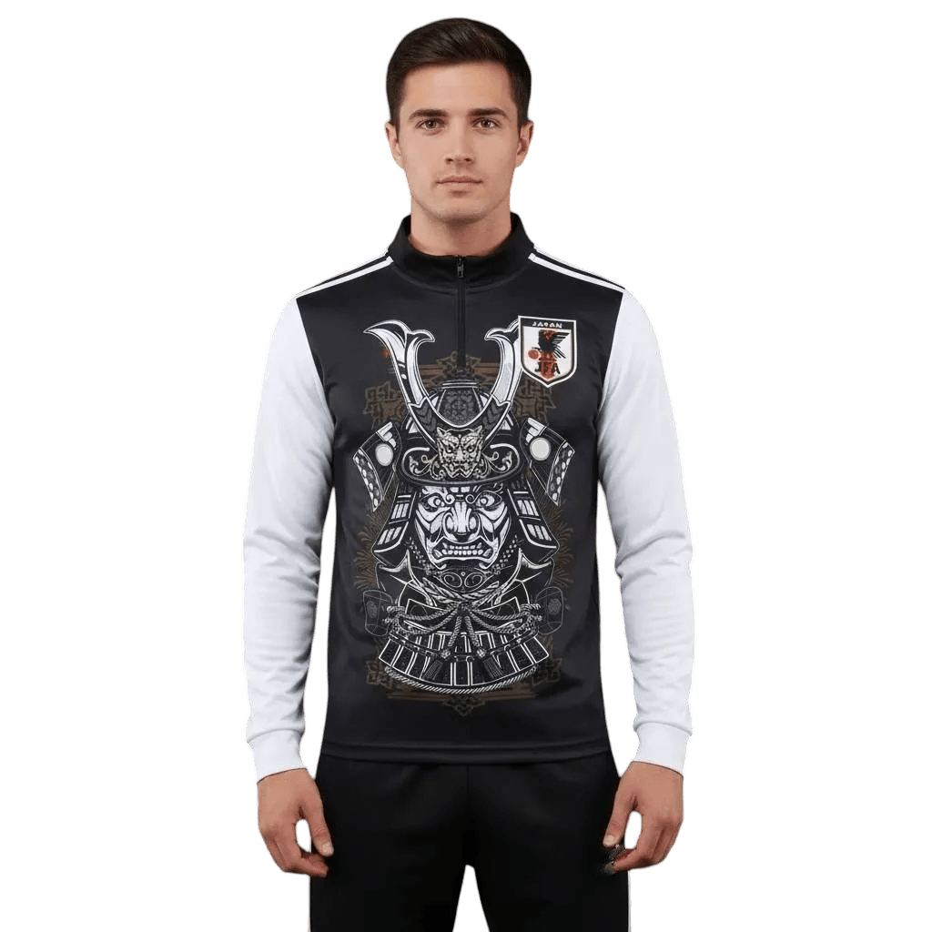Japan samurai black white tracksuit zip anime streetwear design front

