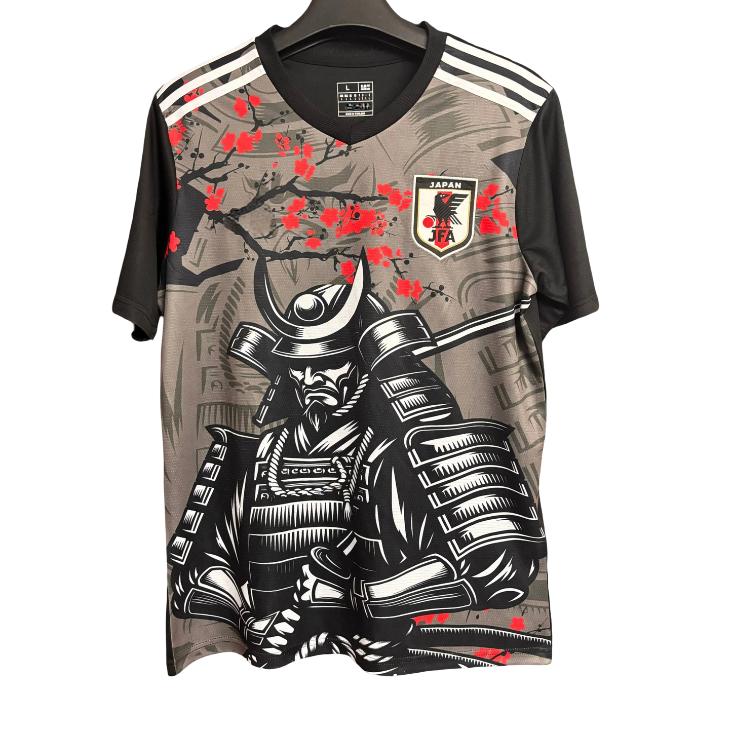 Japan black soccer jersey samurai armor red cherry blossom warrior front
