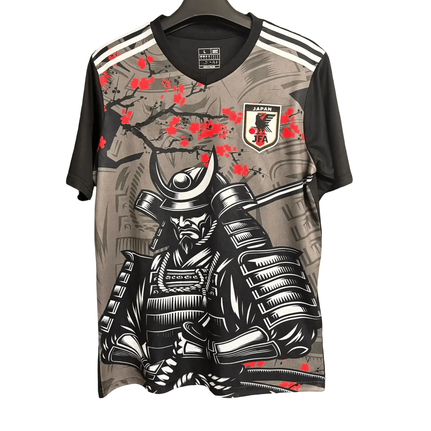 Japan black soccer jersey samurai armor red cherry blossom warrior front
