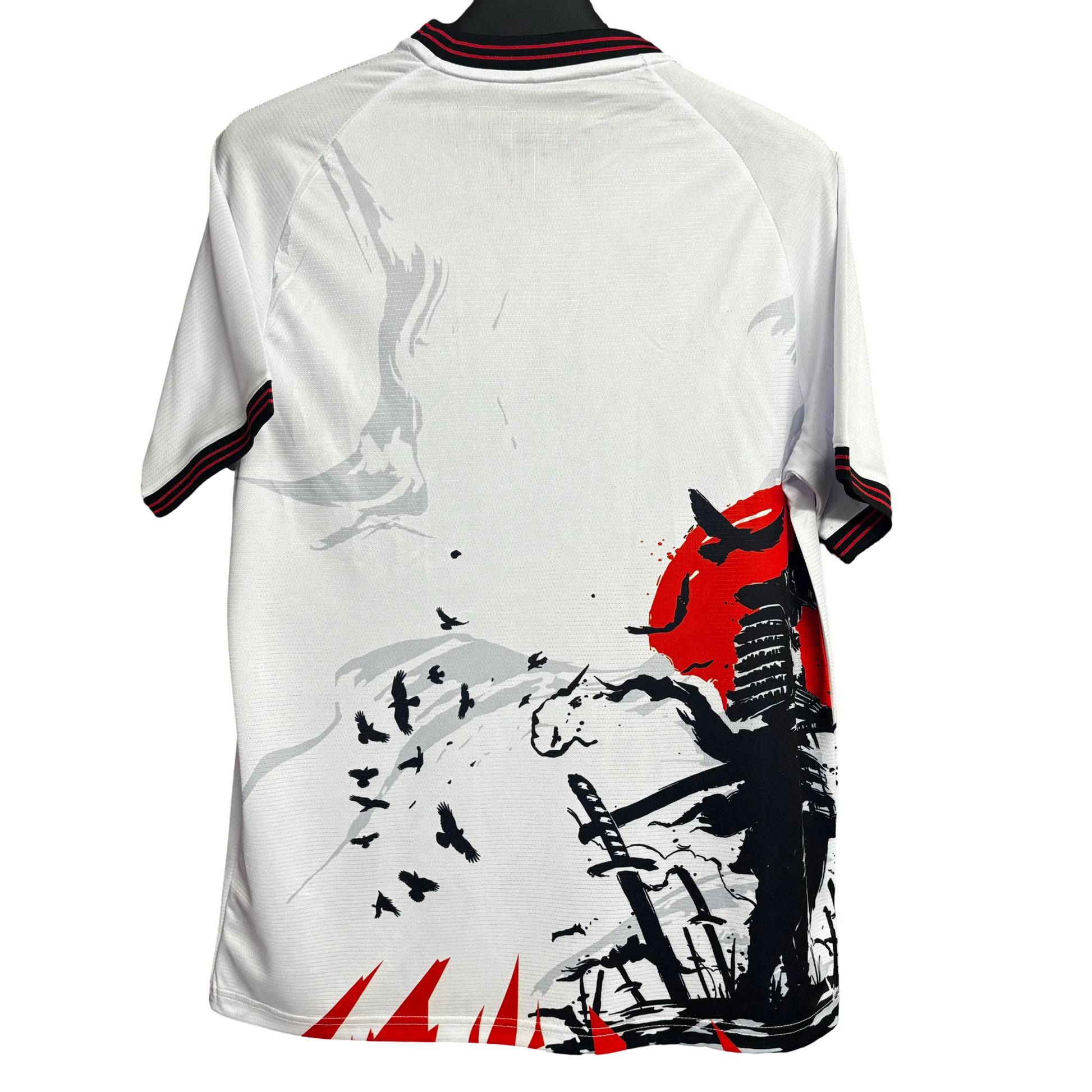 Japan soccer jersey samurai ink calligraphy pagoda birds design detail
