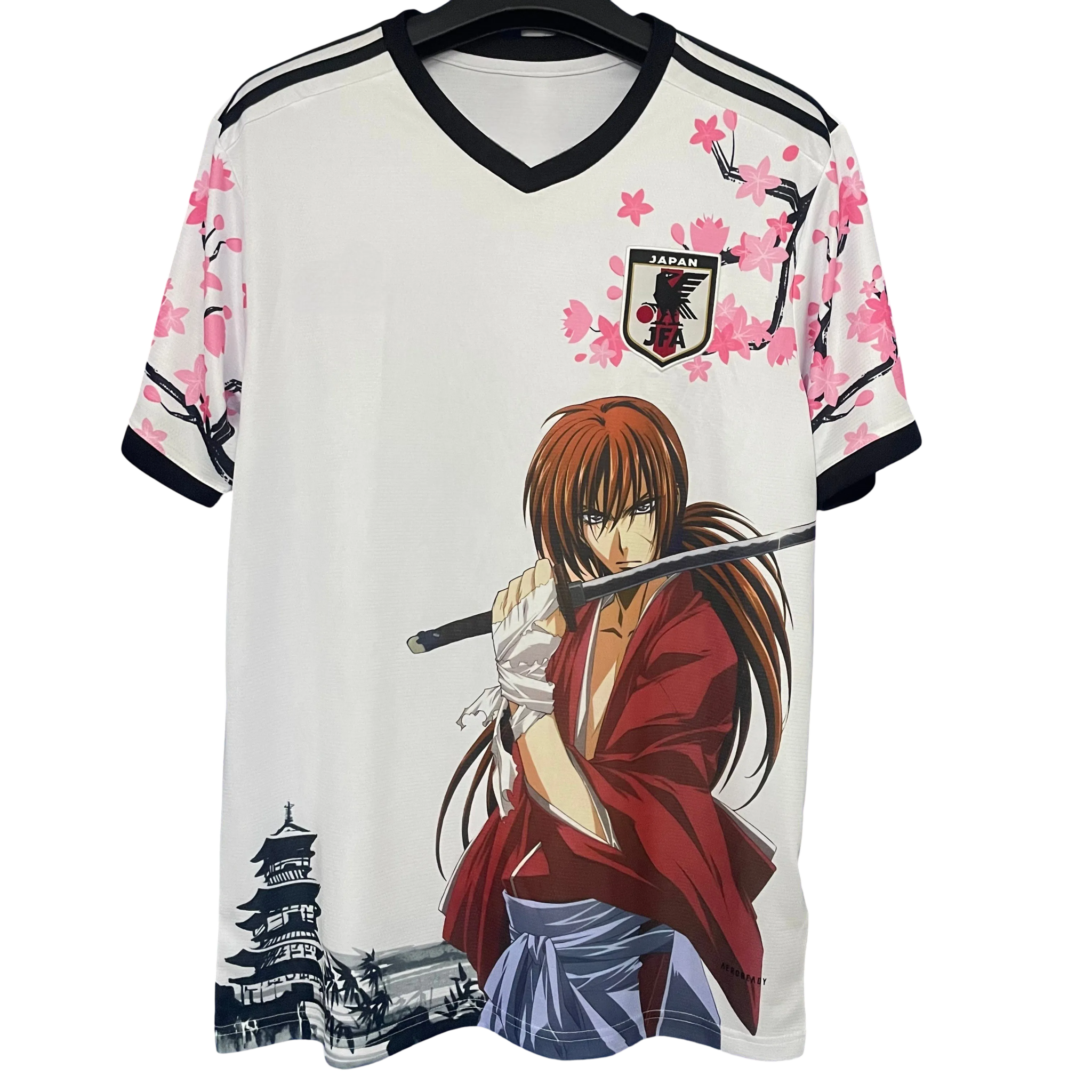 Front of Japan Samurai Kenshin soccer jersey with katana and cherry blossoms