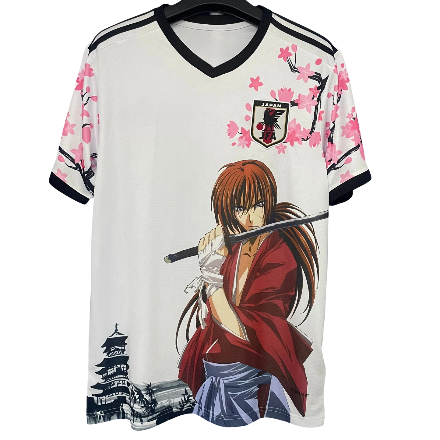 Front of Japan Samurai Kenshin soccer jersey with katana and cherry blossoms