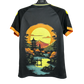 Japan soccer jersey sunset pagoda autumn foliage reflection pond back
