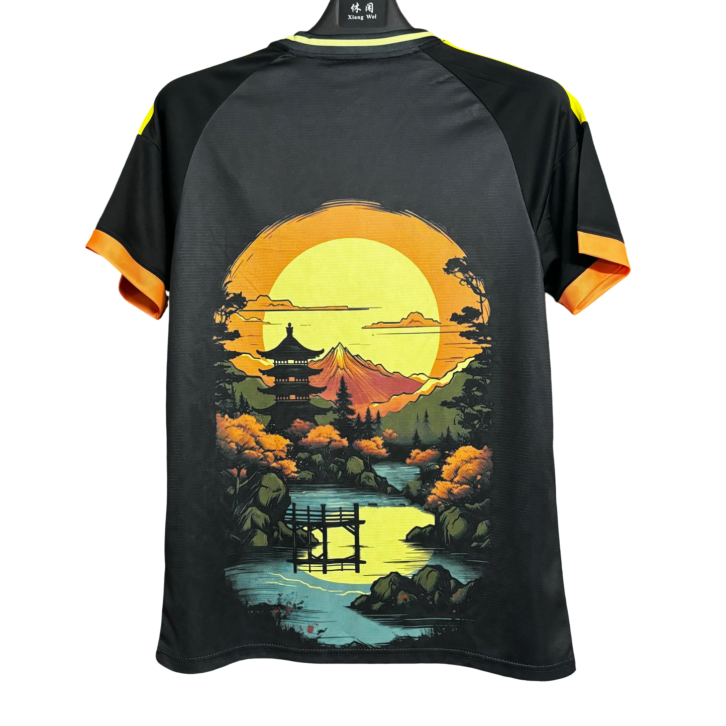 Japan soccer jersey sunset pagoda autumn foliage reflection pond back
