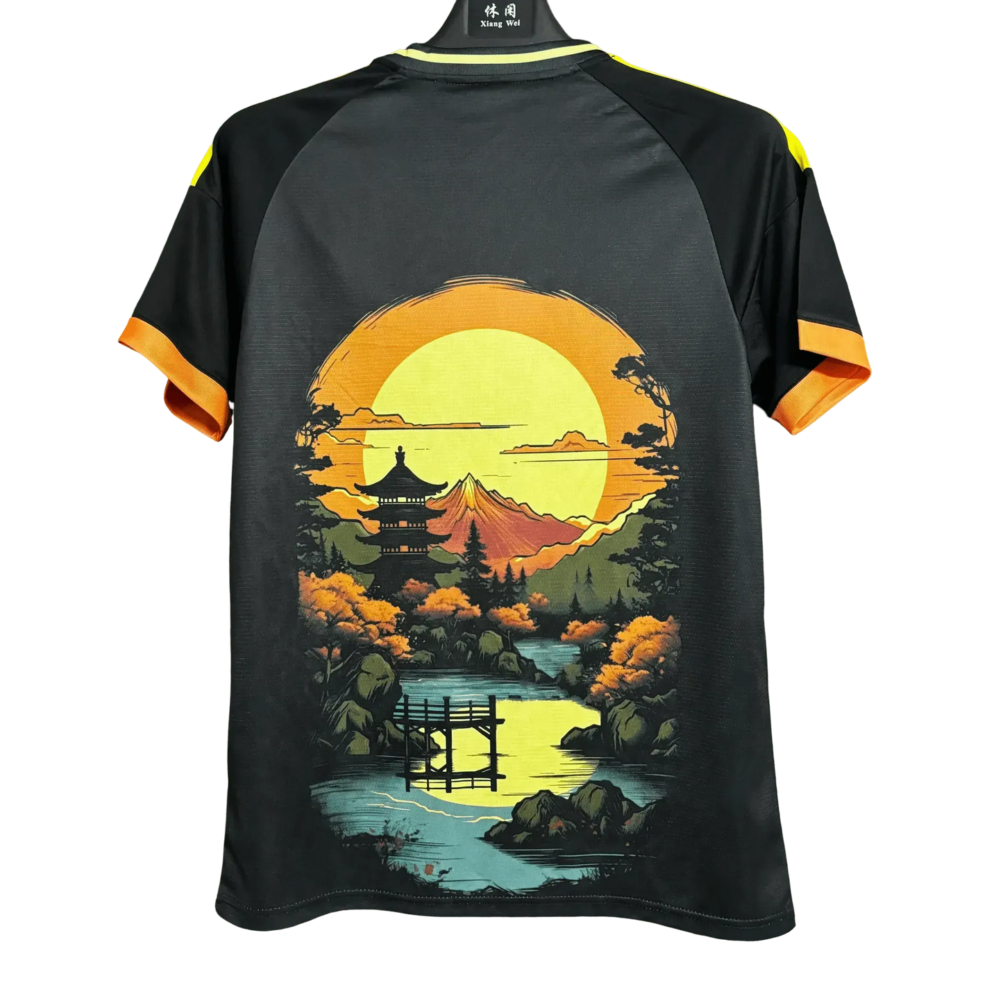 Japan soccer jersey sunset pagoda autumn foliage reflection pond back
