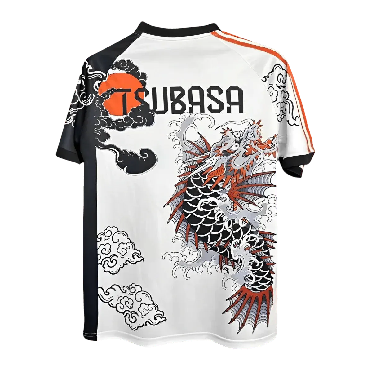 Premium Japan Katana shirt featuring authentic dragon tattoo design with vermillion TSUBASA lettering and cultural fusion elements