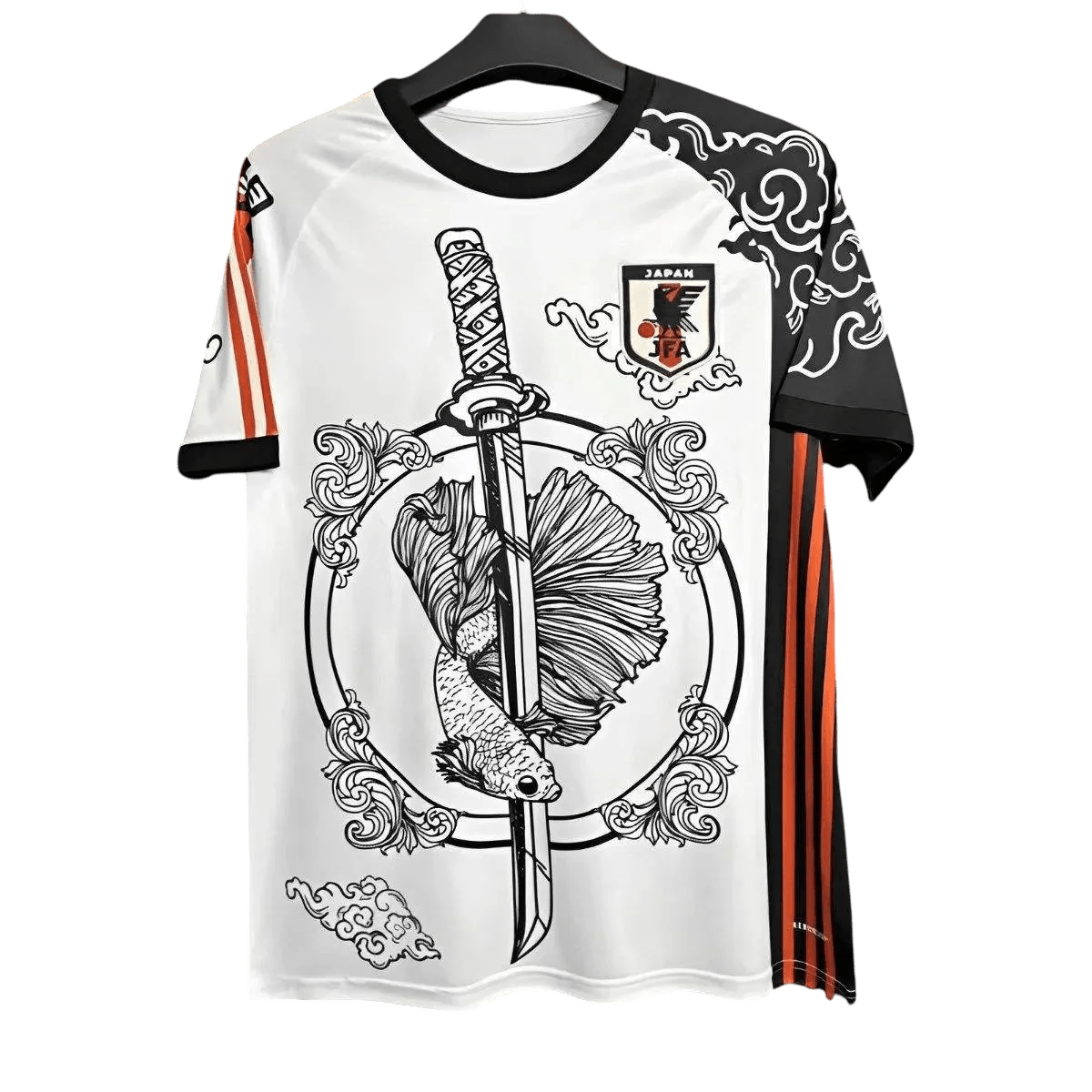 Tsubasa Katana Jersey with traditional Japanese dragon artwork and orange TSUBASA inscription representing football legend heritage by NipponKits
