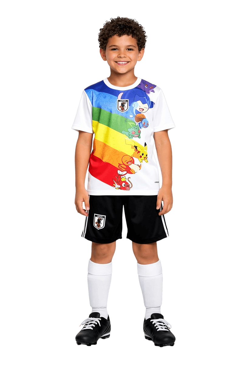 Child wearing a colorful Pokemon Japan jersey with cartoon characters on a black background