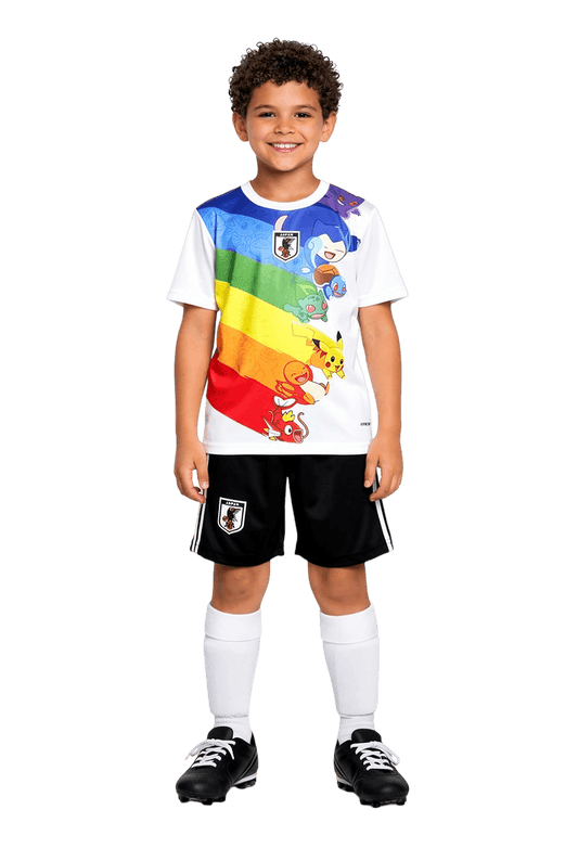 Child wearing a colorful Pokemon Japan jersey with cartoon characters on a black background