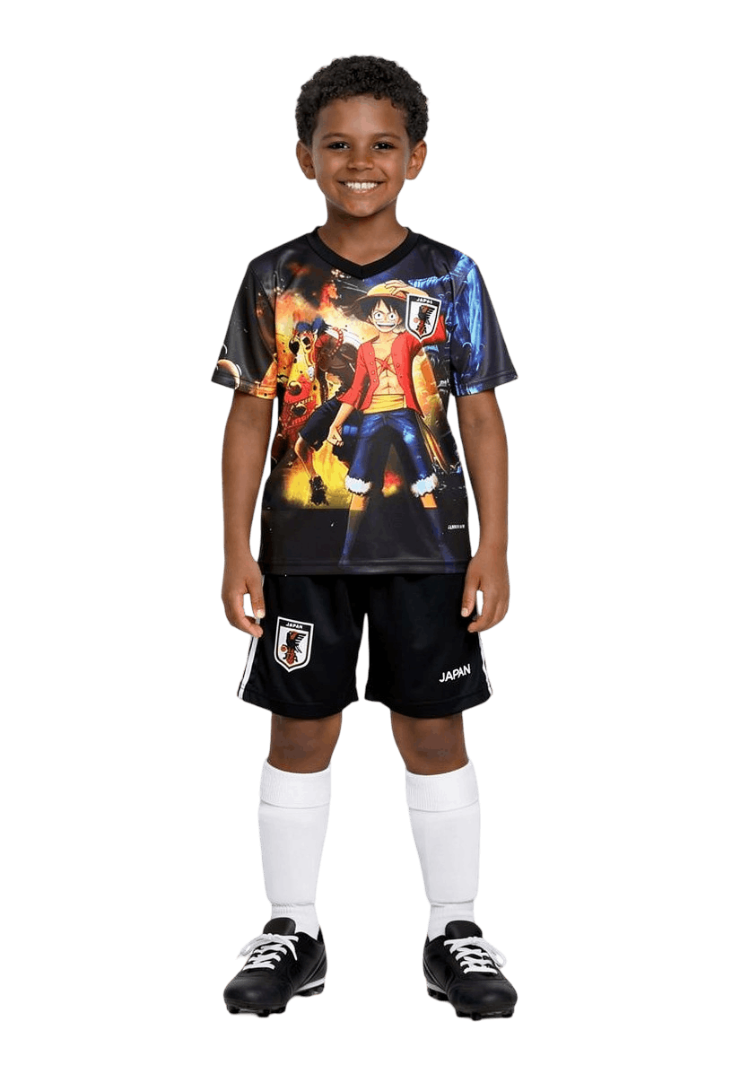 Child wearing a colorful sports jersey with a character design on a black background
