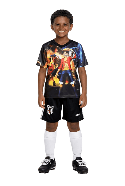 Child wearing a colorful sports jersey with a character design on a black background