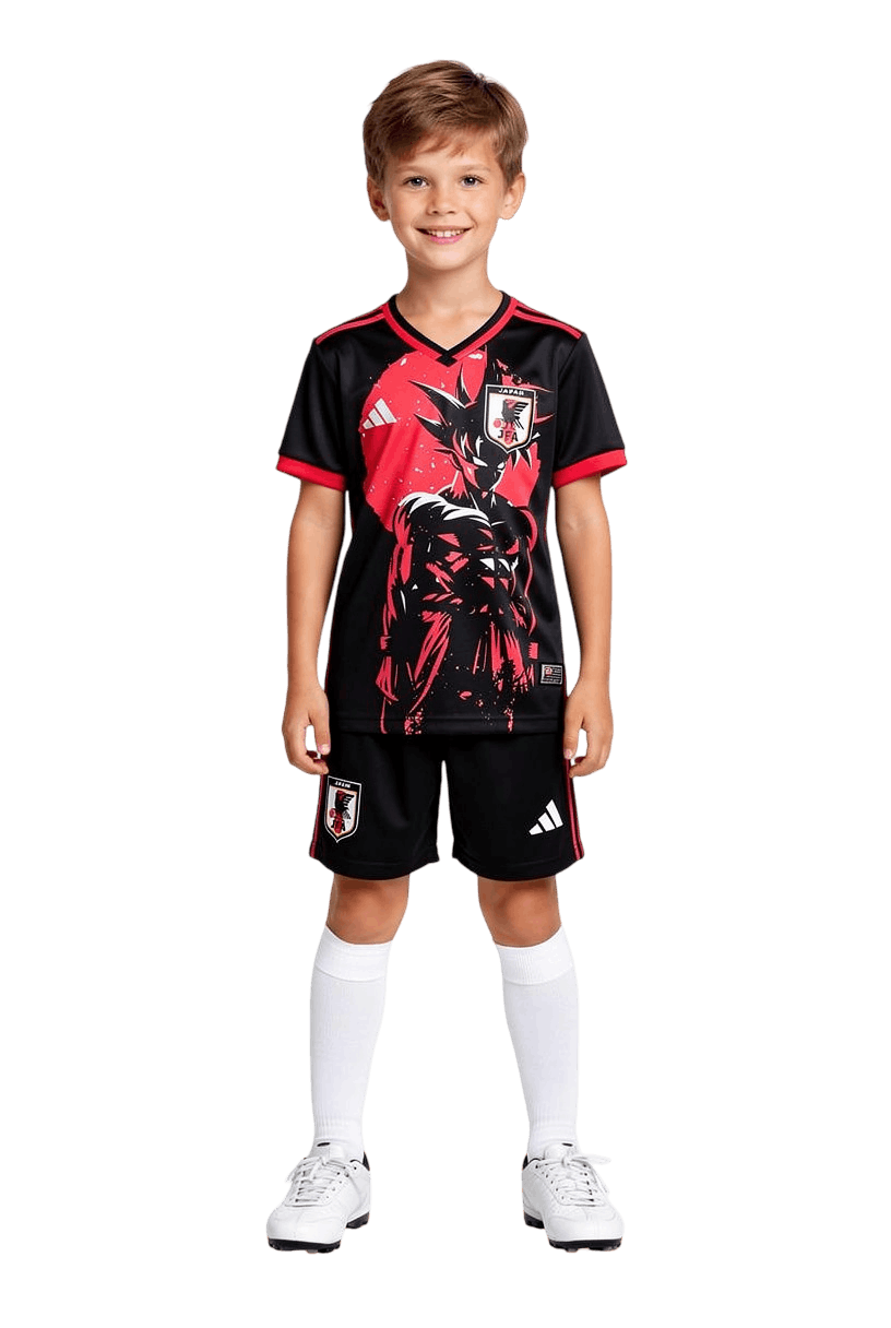 Child wearing a Japan Kids Goku Black Jersey with visible branding on a black background