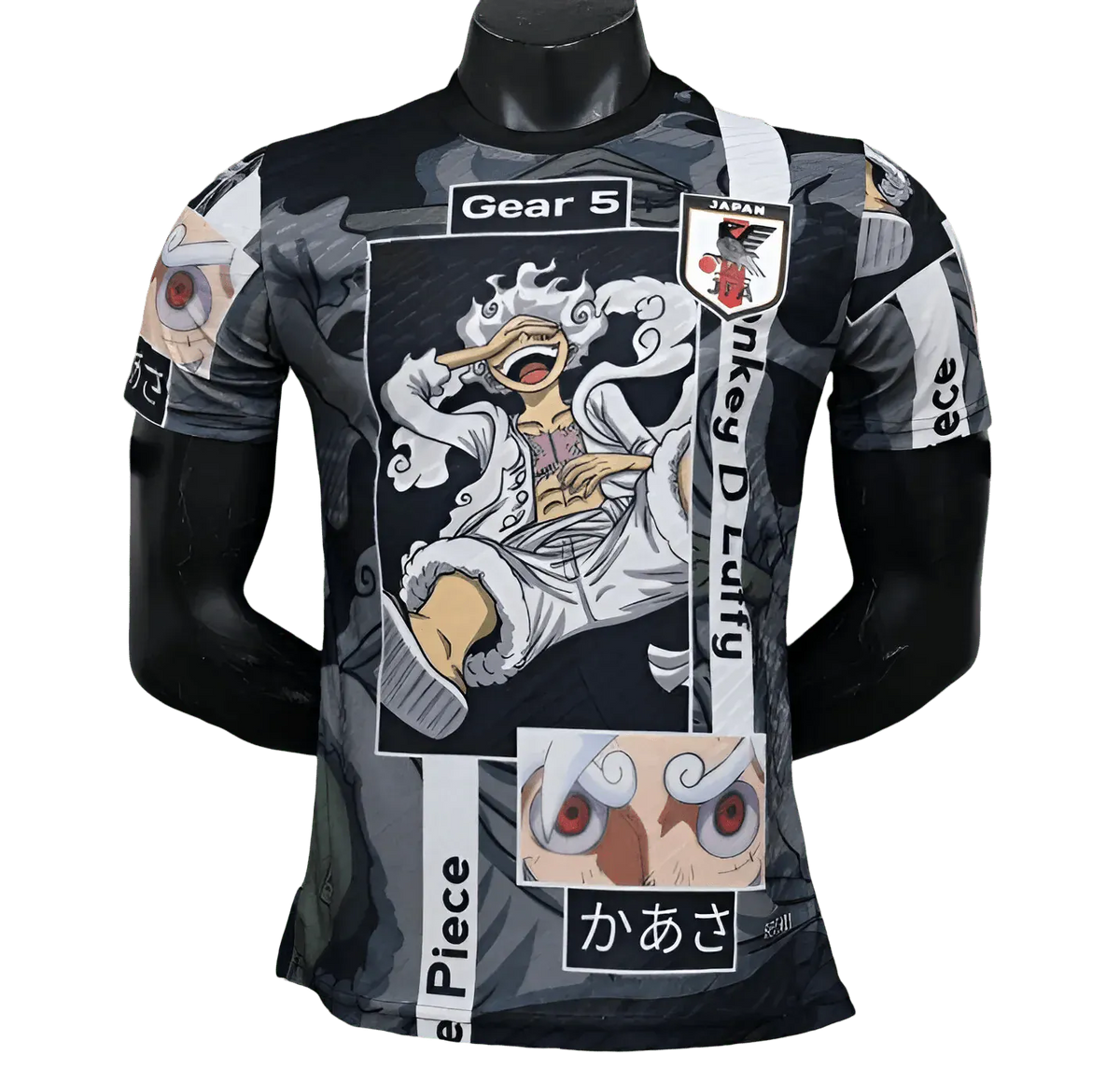 Luffy Gear 5 Black Jersey with Liberation manga panel artwork and JFA logo by NipponKits Store
