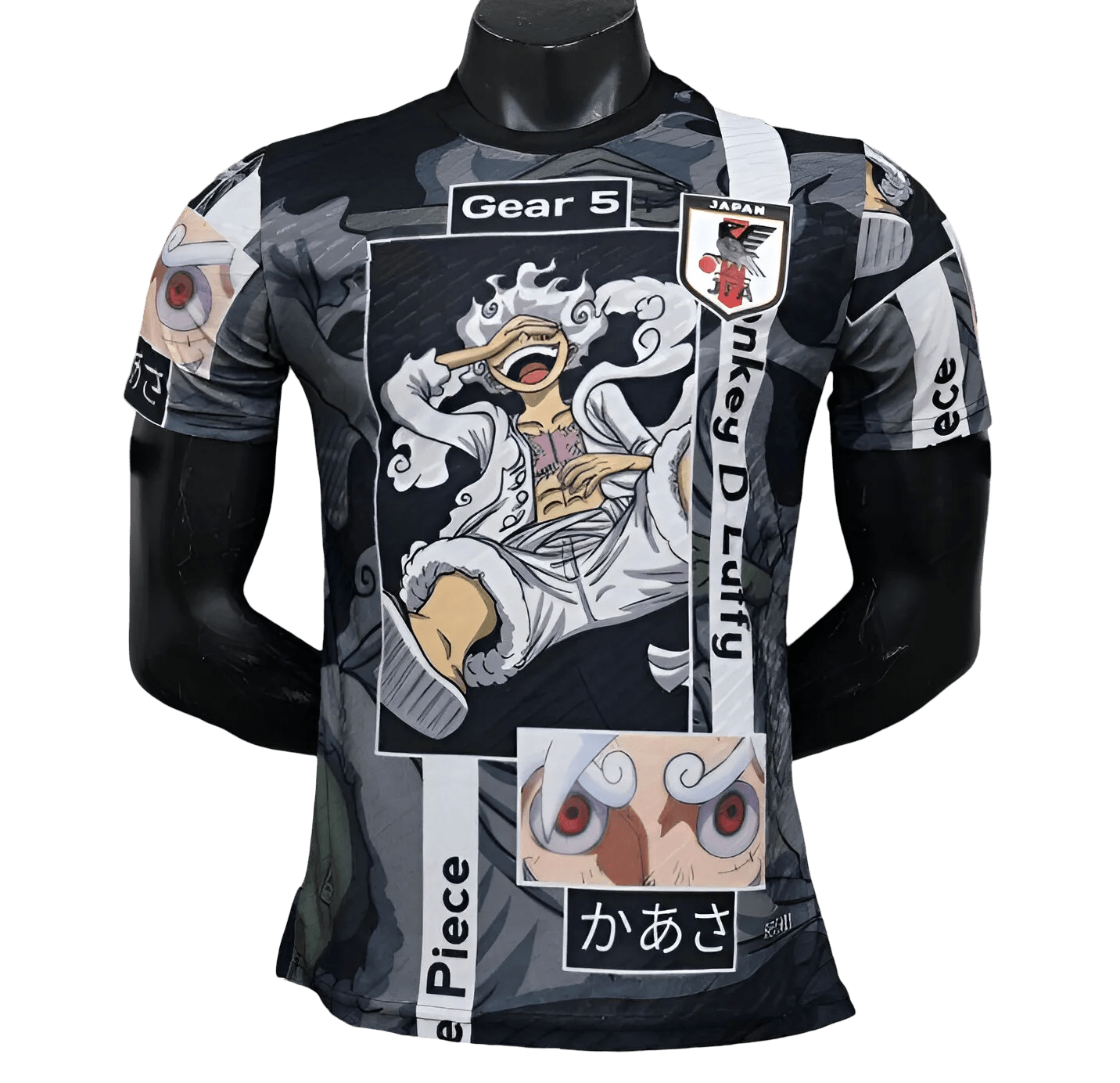 Luffy Gear 5 Black Jersey with Liberation manga panel artwork and JFA logo by NipponKits Store

