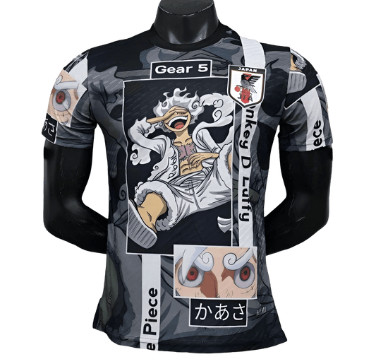 Luffy Gear 5 Black Jersey with Liberation manga panel artwork and JFA logo by NipponKits Store
