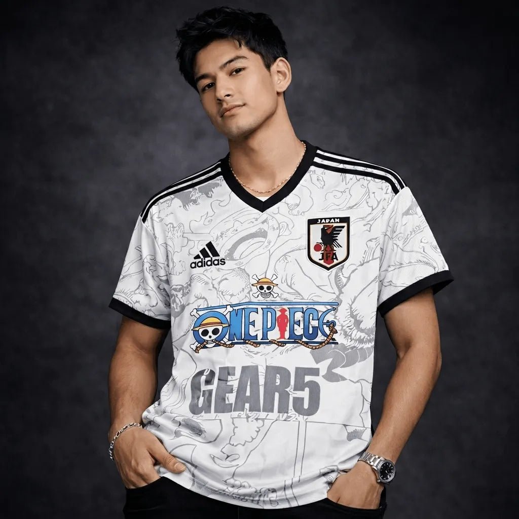 Luffy Gear 5 White Jersey - Japan anime jersey On piece edition Worn by model