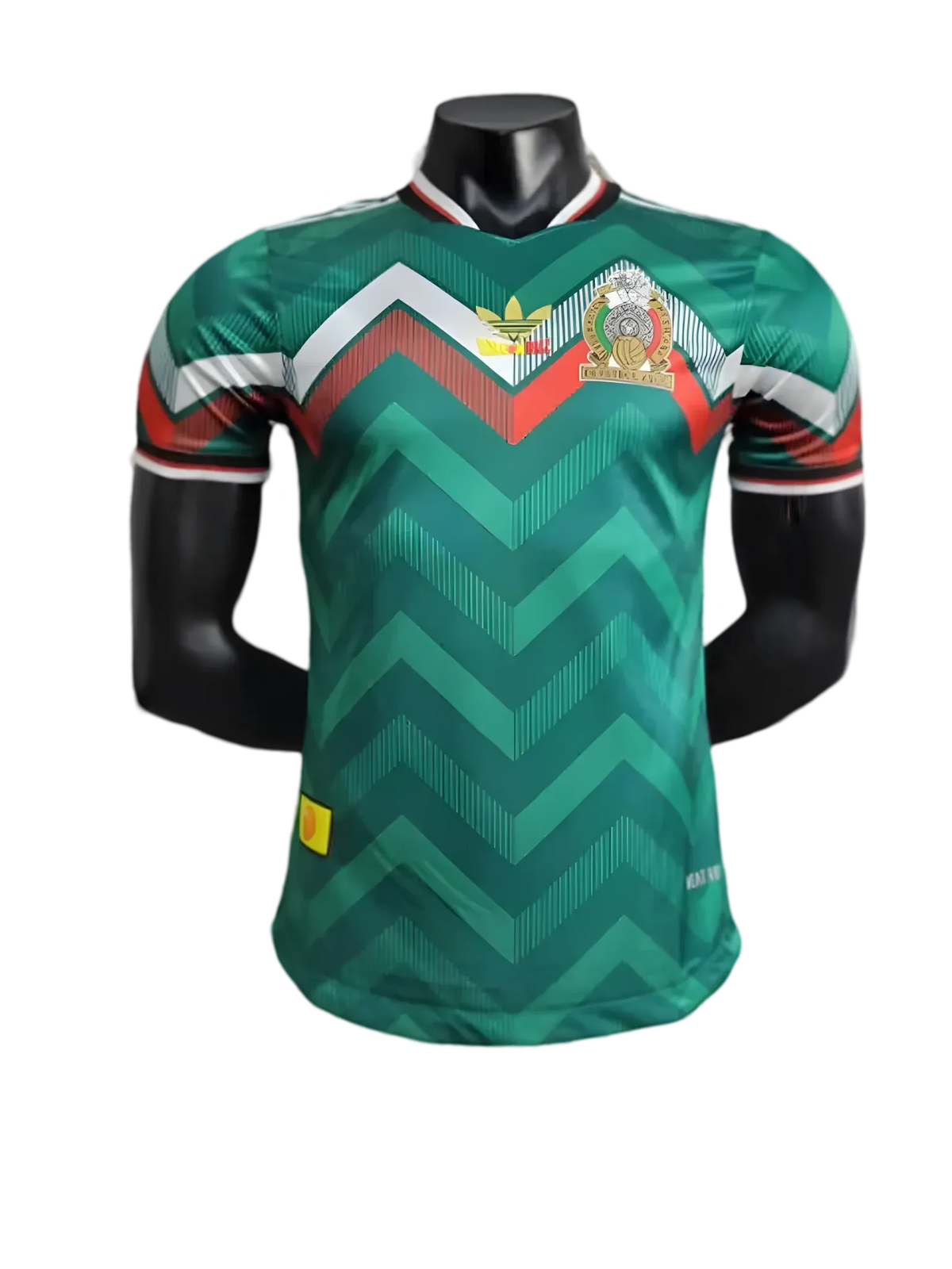 Mexico Dragon Ball green jersey with bold chevron design, anime crest on chest, and red white sleeve accents